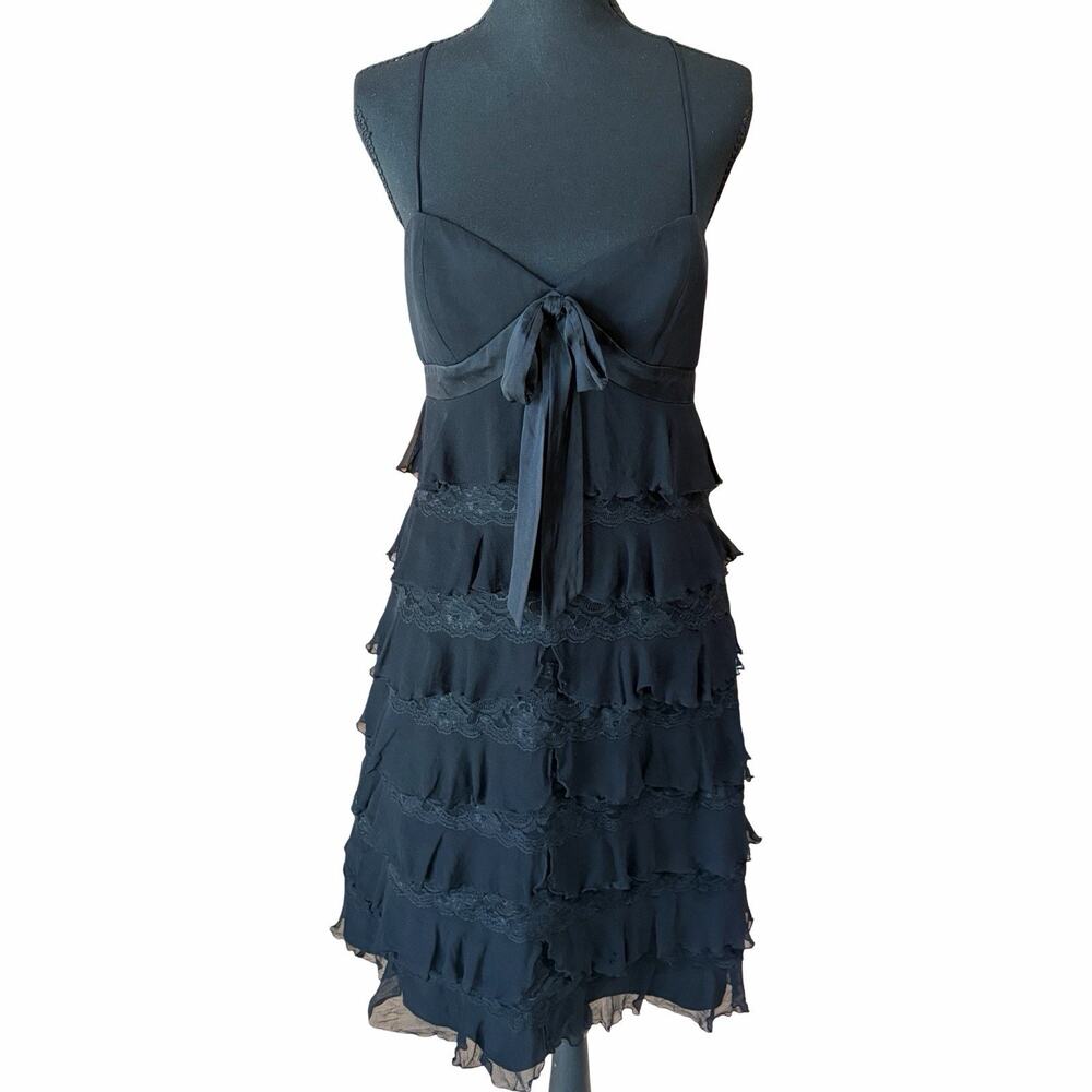 Vintage Laundry Shelli Segal Black Silk Ruffle Lace Dress Y2K Size 6